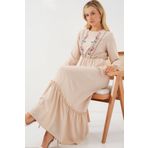 Kokosh moda Nakışlı Uzun Tesettür Elbise 2550 - Krem