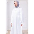 Kolları Lastikli Eva Tesettür Elbise Beyaz HM2758 - 46