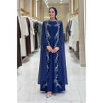 Kolları Pelerinli Taş Detaylı Abiye Elbise 3958 Lacivert - 38