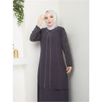 Kolları Taşlı Büyük Beden Anne Elbisesi - Füme - 48