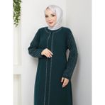 Kolları Taşlı Büyük Beden Anne Elbisesi - Zümrüt Yeşili - 44