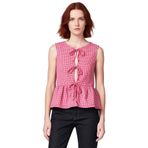Kolsuz Ekose Bluz Polyester Elastan Jakarlı Örme Yazlık Günlük Rahat Ve Şık_Kırmızı-XS