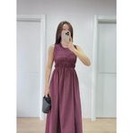 Kolsuz Göğüs Lastıklı%100 Poplin Uzun Elbise - Bordo