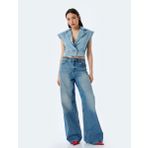 Kolsuz Kruvaze Yaka Crop Denim Düğmeli Yelek