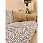 Koltuk Örtüsü Lüks Pamuklu Labirent Desen Kaymaz Çift Taraflı Saçaklı Dekoratif Günlük Kullanım - 170 x 210 cm - Vizon