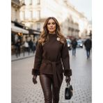 Kolu Kürklü Kuşaklı Şık Kadın Ceket - 0-Kahverengi - M