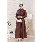 Kolu Volanlı Kemerli Henna Elbise-Kahverengi - Açık Mavi - 44