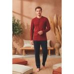 Kompedan Erkek Patlı Yaka Kareli Pamuklu Pijama Takımı | Bordo - 2XL