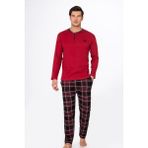 Kompedan Erkek Patlı Yaka Kareli Pamuklu Pijama Takımı | Bordo