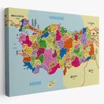 Komşulu İl ve İlçe Detaylı Türkiye Haritası, Harita Dekoratif Kanvas Tablo, Duvar Dekoru 3008