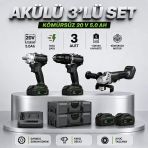 Kömürsüz Akülü 3 Parça Set Darbeli Matkap Avuç Taşlama Somun Sökme 20V 5.0Ah Çift Akülü
