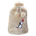 Köpek Desenli Bej Pelüş Sıcak Su Torbası, 2 Litre Kapasite, 20x35 cm, Çıkarılabilir Yıkanabilir Kılıf, Ponponlu Tasarım