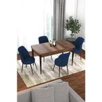 Kor Serisi, 70x114 Açılabilir Yemek Masası Takımı, Barok Ahşap Desen Masa Ve 4 Lacivert Sandalye
