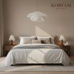 KorFam BREEZE Modeli Beyaz Avize & Abajur Set - Hasır El Yapımı Bohem Avize 2'li Ahşap Ayaklı Rustik Abajur Set - Çok Renkli