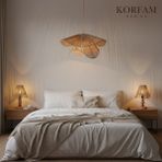 KorFam BREEZE Modeli Kahverengi Avize & Abajur Set - Hasır El Yapımı Bohem Avize 2'li Ahşap Ayaklı Rustik Abajur Set - Çok Renkli