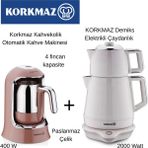 Korkmaz Demiks Elektrikli Çaydanlık - Korkmaz Tekli Otamatik Kahve Makinesi + Dijital Mutfak Tartısı Hediye - Beyaz - Gold
