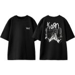 Korn Dikenli Teller Tasarım Sırt Baskılı Pamuk Siyah Oversize T-Shirt