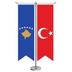 Kosova Cumhuriyeti Bayrağı ve Türkiye - Kırlangıç - Saten T direk 2li Masa Bayrağı
