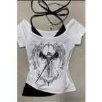 Köstebek Beyaz Sword Warriror Angel Madonna Yaka Ek Askılı Kısa Kollu Full Body Crop Tişört