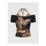 Köstebek Siyah Butterfly Madonna Yaka Ek Askılı Kısa Kollu Full Body Crop Tişört