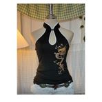 Köstebek Siyah Dragon Embroidered Keyhole Harajuku Asian Y2K Askılı Bluz