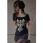 Köstebek Siyah Gothic Kare Yaka Kısa Kollu Crop Tişört