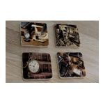 Köstekli Saat Daktilo Fotoğraf Makinesi Tüy Kalem Doğal Taş Bardak Altlığı 4'lü set - Natural Stone Coasters