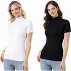 Kota 2'li Paket Kadın Yarım Balıkçı Yaka Kısa Kollu Body Atlet-Esnek Pamuklu - Siyah - Beyaz - 2XL