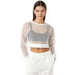 Koton 000 Kadın Beyaz File Crop Spor Uzun Kollu Bisiklet Yaka T-shirt