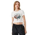 Koton 001 Kadın Kırık Beyaz Crop Baskılı Bisiklet Yaka Kısa Kollu Bağlama Detaylı T-shirt