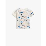 Koton 03E Erkek Bebek Ekru Desenli Kollu Bisiklet Yaka Köpek Balığı ve Balina Baskılı T-shirt