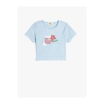 Koton 2SKG10559AK Crop Çiçek Baskılı Kısa Kollu Bisiklet Yaka Pamuklu Pembe Kadın T-shirt