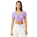 Koton 353 Kadın Crop Balon Kollu Büzgü Detaylı V Yaka Lila T-shirt