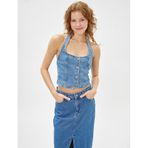 Koton 3SAL30012MD Açık İndigo Crop Halter Yaka Kadın Kot Yelek