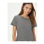 Koton 4SAL10066IK Siyah Çizgili Kadın Bisiklet Yaka T-shirt