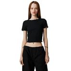 Koton 999 Kadın Siyah Crop Kollu Bisiklet Yaka Fırfır Detaylı T-shirt