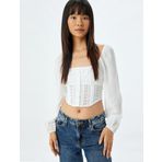Koton Balon Kol Bluz Crop Gipeli U Yaka Düğmeli Slim Fit Kroşe Detaylı
