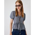 Koton Balon Kol Bluz Volanlı Bağcıklı Slim Fit Pötikare Desenli