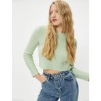 Koton Basic Peluş Crop Kazak Uzun Kollu Yuvarlak Yaka - Yeşil - XS