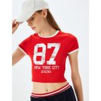 Koton Baskılı Kısa Kollu Bisiklet Yaka Slim Fit Crop Kaşkorse Tişört - Kırmızı - XS