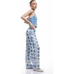 Koton Beli Lastikli Çiçekli Geniş Paça Viskon Pantolon - Mavi - Regular - 40