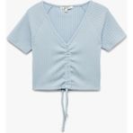Koton Büzgülü Slim Fit V Yaka Kısa Kollu Crop Tişört - Mavi