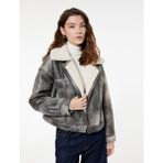 Koton Cepli Fermuarlı Eskitilmiş Süet Görünümlü Içi Suni Kürklü Crop Biker Mont - 34 - Gri