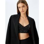 Koton Crop Abiye Bluz Pullu Payetli İp Askılı V Yaka Slim Fit
