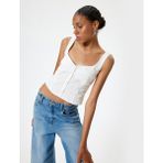 Koton Crop Atlet Poplin Kalın Askılı Düğmeli V Yaka Slim Fit Yazlık Rahat Kadın Üst - Ekru - 34