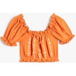 Koton Crop Bluz Fırfırlı Işlemeli Önü Büzgülü Kısa Kollu - 7 - 8 Yaş - Turuncu