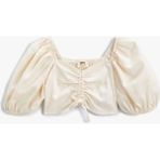 Koton Crop Bluz Keten Karışımlı Balon Kollu Büzgü Detaylı - Ekru - 13 - 14 Yaş