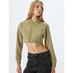Koton Crop Sweatshirt Fermuarlı Kapüşonlu Kelebek Işlemeli - Yeşil - XS