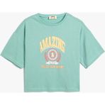 Koton Crop T-Shirt Kısa Kollu Bisiklet Yaka Slogan Baskılı Pamuklu - 11 - 12 Yaş - Yeşil