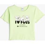 Koton Crop T-Shirt Köpek Baskılı Kısa Kollu Yuvarlak Yaka Pamuklu - 9 - 10 Yaş - Yeşil
